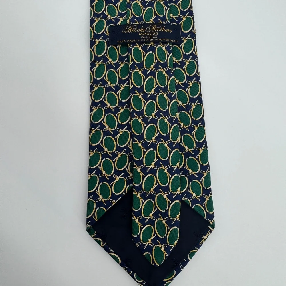 Brooks Brothers Tie Mens OS Green Navy‎ Gold Makers Silk Geometric Golf Pattern